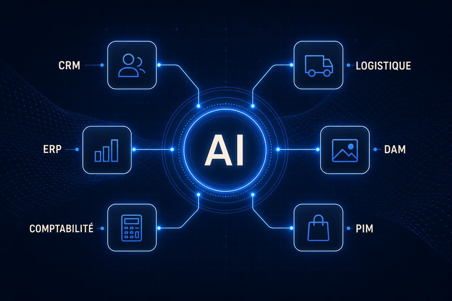AI hub connected to CRM, ERP, accounting, logistics, DAM and PIM